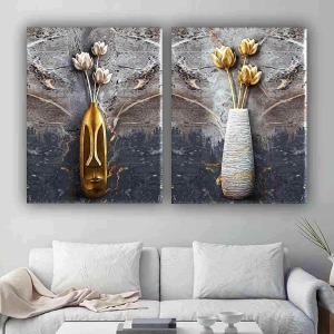3D GÖRÜNÜMLÜ VAZO VE ÇİÇEK İKİLİ TABLO