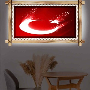 SANATSAL TÜRK BAYRAĞI RUSTİK LEDLİ TABLO