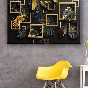 SİYAH GOLD KARELER YAPRAKLAR KANVAS TABLO