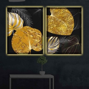 DEKORATİF GOLD YAPRAKLI İKİLİ LED IŞIKLI TABLO