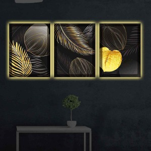 SİYAH GOLD AMBİANS 3LÜ LED IŞIKLI KANVAS TABLO
