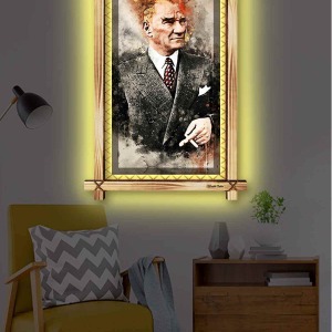 YAĞLI BOYA TARZI ATATÜRK RUSTİK LEDLİ TABLO