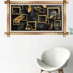SİYAH GOLD KARELER YAPRAKLAR RUSTİK  TABLO