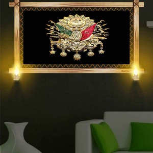 SİYAH GOLD İOSMANLI AMBLEMİ RUSTİK LAMBALI TABLO