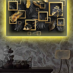 SİYAH GOLD KARELER YAPRAKLAR LEDLİ KANVAS TABLO
