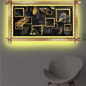 SİYAH GOLD KARELER YAPRAKLAR RUSTİK LEDLİ TABLO