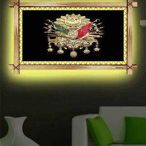 SİYAH GOLD İOSMANLI AMBLEMİ RUSTİK LEDLİ TABLO