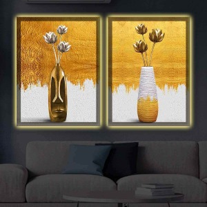 GOLD VE BEYAZ VAZODA ÇİÇİEKLER İKİLİ LED IŞIKLI TABLO