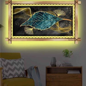 MODERN DEKORAİF IŞILTILI YAPRAK RUSTİK LEDLİ TABLO
