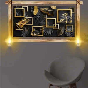 SİYAH GOLD KARELER YAPRAKLAR RUSTİK LAMBALI TABLO