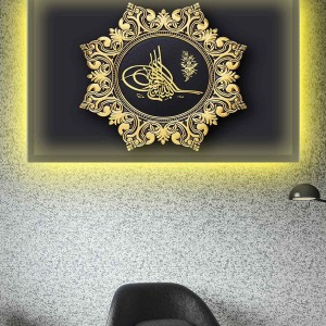 GOLD MOTİFLİ TUĞRA LEDLİ KANVAS TABLO