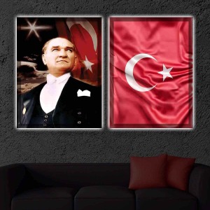ÇOK ŞIK ATATÜRK VE TÜRK BAYRAĞI İKİLİ LED IŞIKLI TABLO
