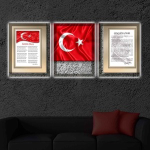 İSTİKLAL MARŞI BAYRAK GENÇLİĞE HİTABE 3LÜ KANVAS TABLO