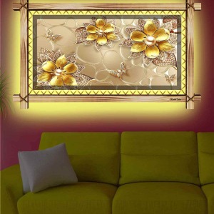 GOLD ÇİÇELER RUSTİK LEDLİ TABLO