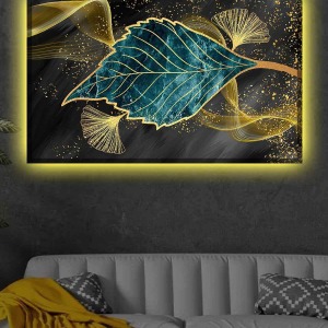 MODERN DEKORAİF IŞILTILI YAPRAK LEDLİ KANVAS TABLO