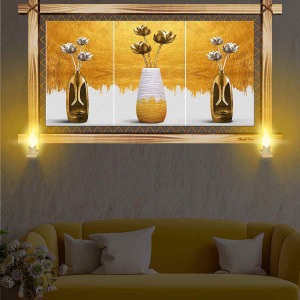 GOLD VE BEYAZ VAZODA ÇİÇEKLER RUSTİK LAMBALI TABLO